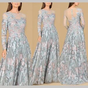 NWT $698 LARA‎ NY [ 12 ] 29145 Illusion Neck Long Sleeve Ballgown Slate S1904